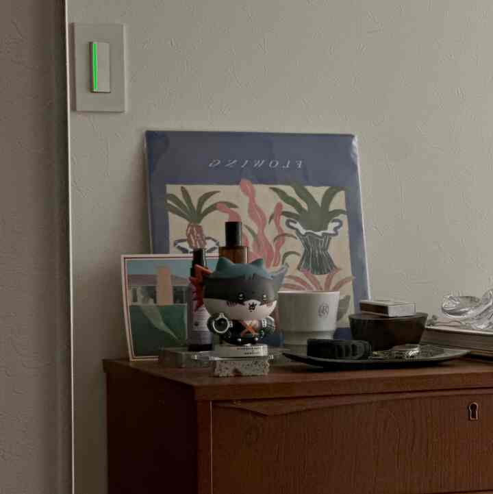 Calm brown-toned entrance interior featuring wooden cabinet with cute character figurine and decorative objects in a cozy setting