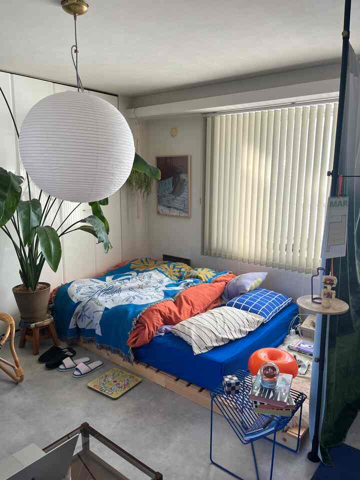 明るい白い壁とライトブラウンの木目調が調和する小さな寝室、多彩なブルーとオレンジの寝具のベッドと大きな緑色の植物が置かれた印象的な空間