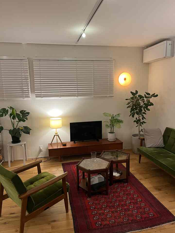 木目調と緑の家具が調和した二人暮らしのリビング、ヴィンテージの赤いラグとミッドセンチュリーモダンの家具が配置された暖かみのある空間