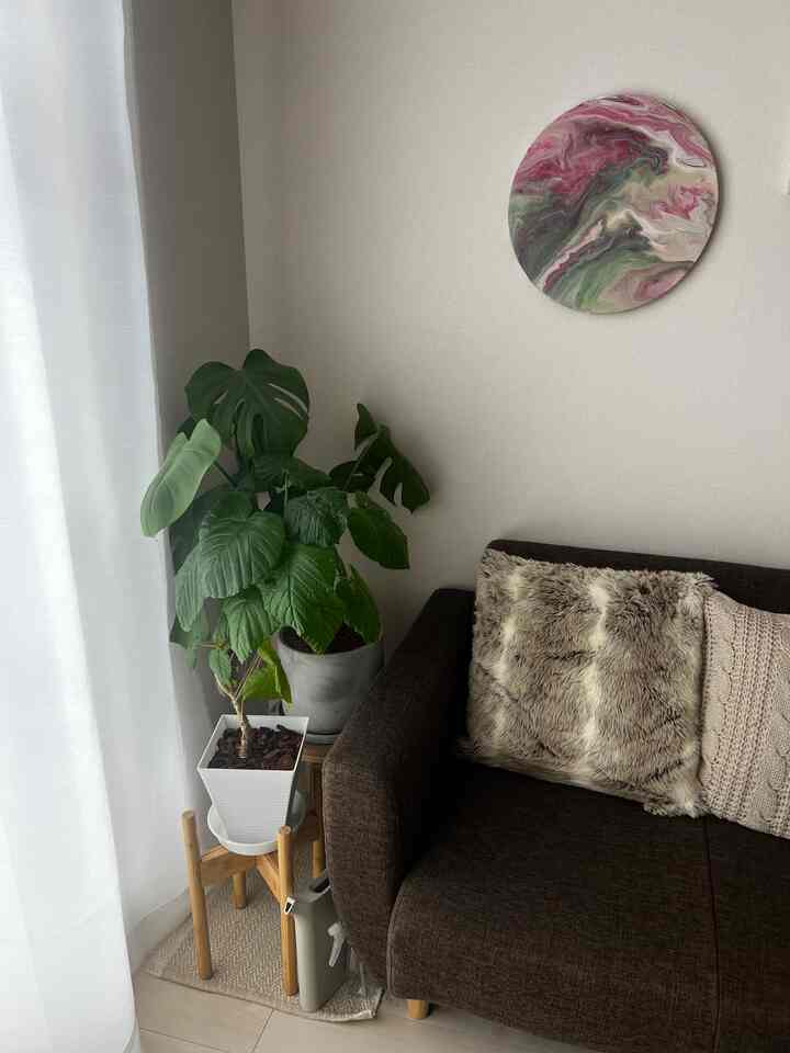 Cozy living room corner with a brown sofa and a large green leafy plant in a natural style