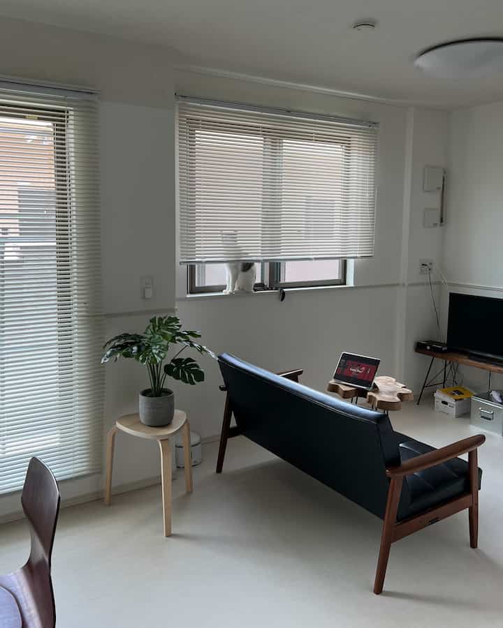 ナチュラルモダンなリビング、木製フレームのソファと植物が配置された清潔感のあるインテリア