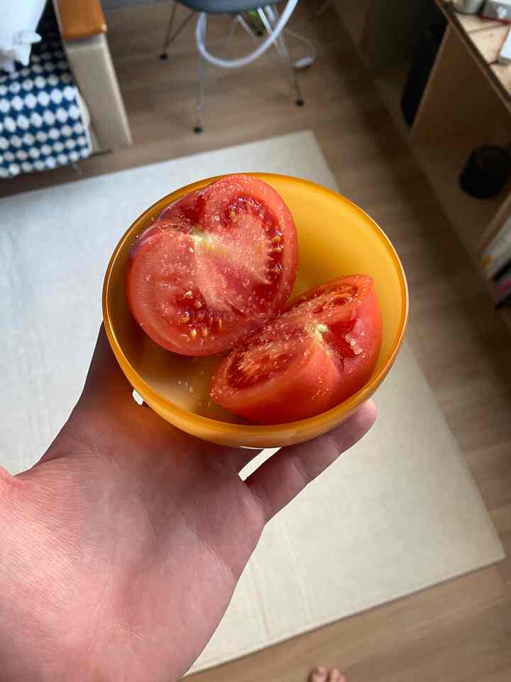 Kitchen scene with yellow bowl holding cut tomato, cozy atmosphere with wooden floor and neutral rug
