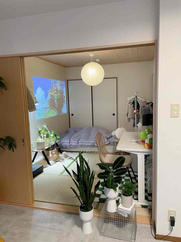 ナチュラルな色調の畳の部屋、ベッドとデスクが配置された居心地の良い一人暮らし空間