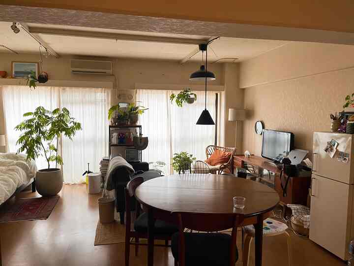 ベージュの壁と自然光が入るワンルームのリビング空間、木製ダイニングテーブルやソファ、植物が配置された自然な雰囲気のインテリア