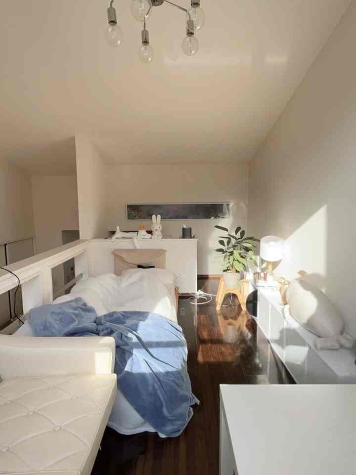 白と青のトーンでまとめられた6畳の寝室、ベッドと自然光、植物が配置された印象的な空間