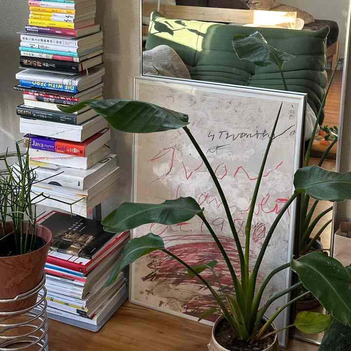 グリーンの植物と大きなアートポスターが配置された木目調のリビングコーナー