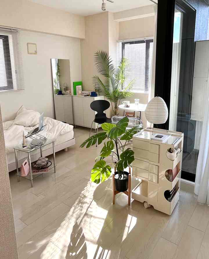 Bright, natural wood-toned studio living room featuring white walls, monstera plant, small round table, and a black chair creating a cozy atmosphere