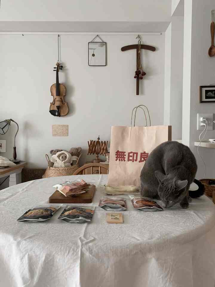 ホワイトのテーブルクロスが敷かれた丸テーブルにグレーの猫と無印良品の紙袋が置かれたナチュラルな1LDKキッチンスペース