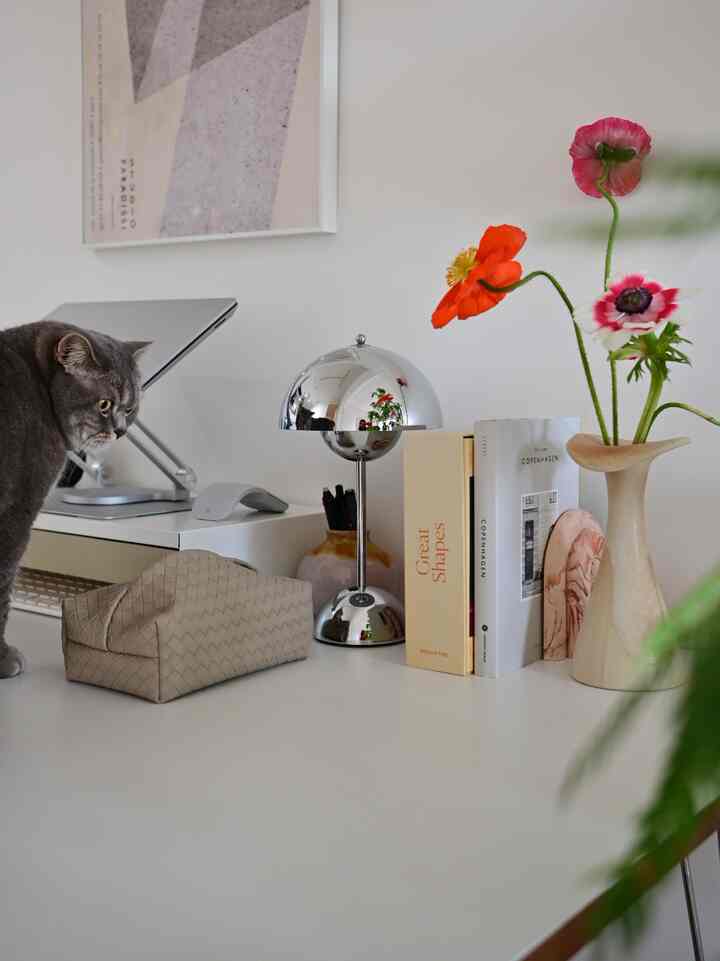 白を基調としたモダンなホームオフィスのデスク上に、クロームのポータブルテーブルランプと花瓶、本が配置され、左側にグレーの猫がいる印象的な空間