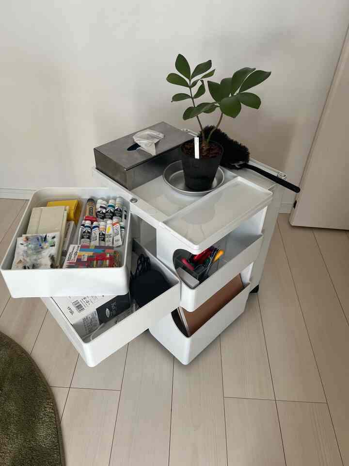 白色のキッチンワゴンに植物と整頓された画材が配置された、清潔感のある収納アイデアのあるインテリア