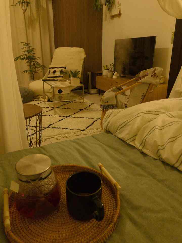 暖かいナチュラルトーンの1LDK寝室とリビング、木目調家具と植物が調和した雰囲気のあるインテリア