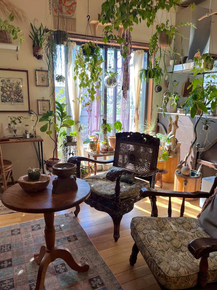 Natural wood-tone living room with abundant hanging and potted plants and large windows allowing natural light, creating a cozy atmosphere