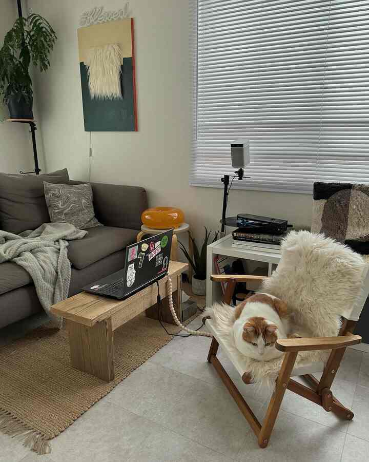 ナチュラルなウッドトーンとベージュを基調とした一人暮らし向けのモダンなリビング、アームチェアに猫が座る落ち着いた空間