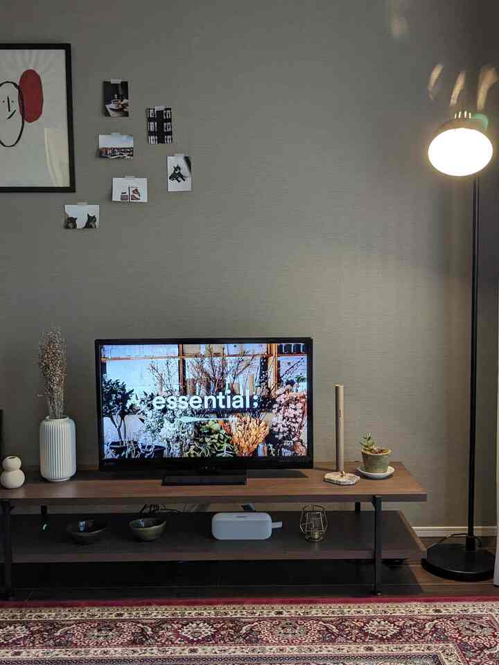 木目調と黒が調和したリビング、中央にLOWYAのテレビ台とテレビがあり、フロアランプと花瓶で飾られた温かみのある空間