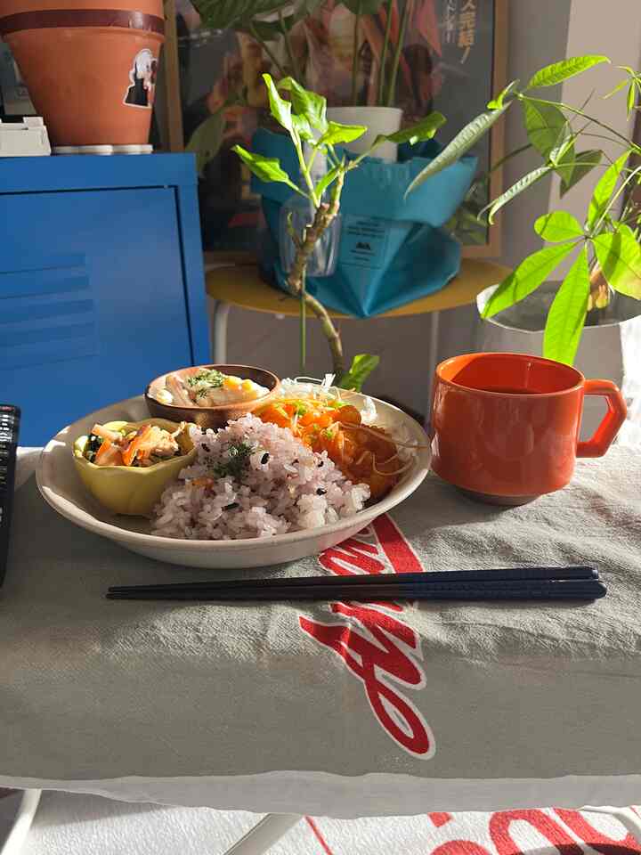 Cozy small dining space with a Korean plate meal on a white tablecloth, an orange mug, and leafy green plants bathed in natural sunlight
