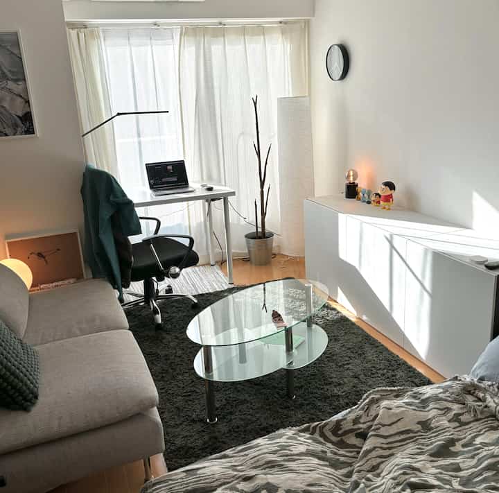 明るい日差しの差し込むワンルーム、窓辺のデスクとソファが配置されたシンプルでモダンなインテリア