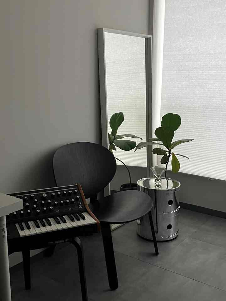 Minimal entrance space with gray tiled floor, white walls, black chair, large mirror, and green plant