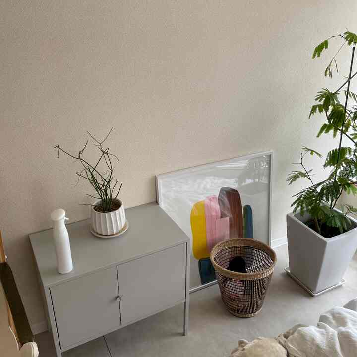 ナチュラルカラーとホワイトトーンのリビング、ミニマルなキャビネットとポスター、植物が配置されたシンプルで清潔感のあるインテリア