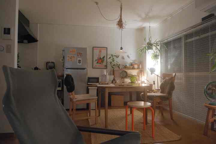 ライトブラウンの木製家具と白い壁の1LDKダイニング、円形テーブルと植物が配置された雰囲気のあるインテリア