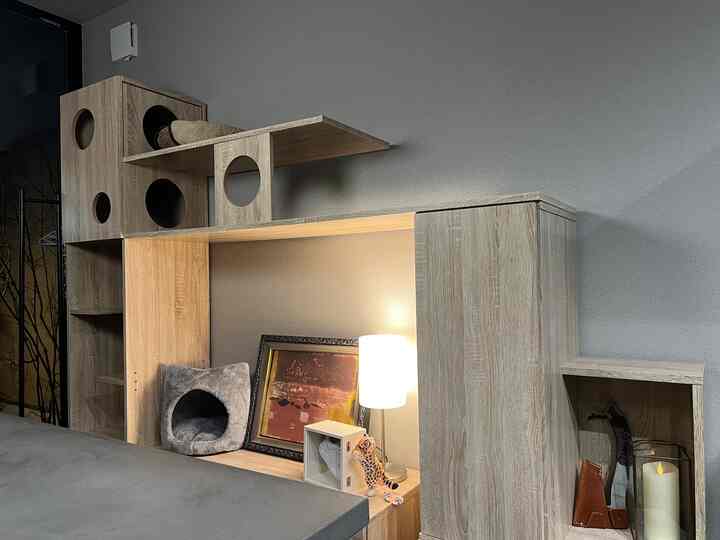 Natural wood-toned living room featuring a large cat tower and table lamp with cozy atmosphere