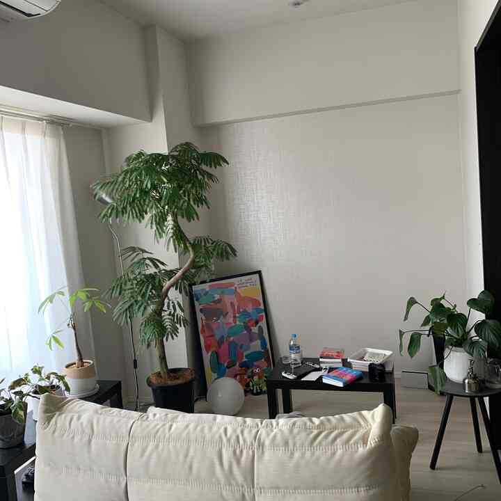 白い壁とベージュのソファがあるコンパクトな1LDKリビング、複数の植物とシンプルな家具が配置された雰囲気のある空間