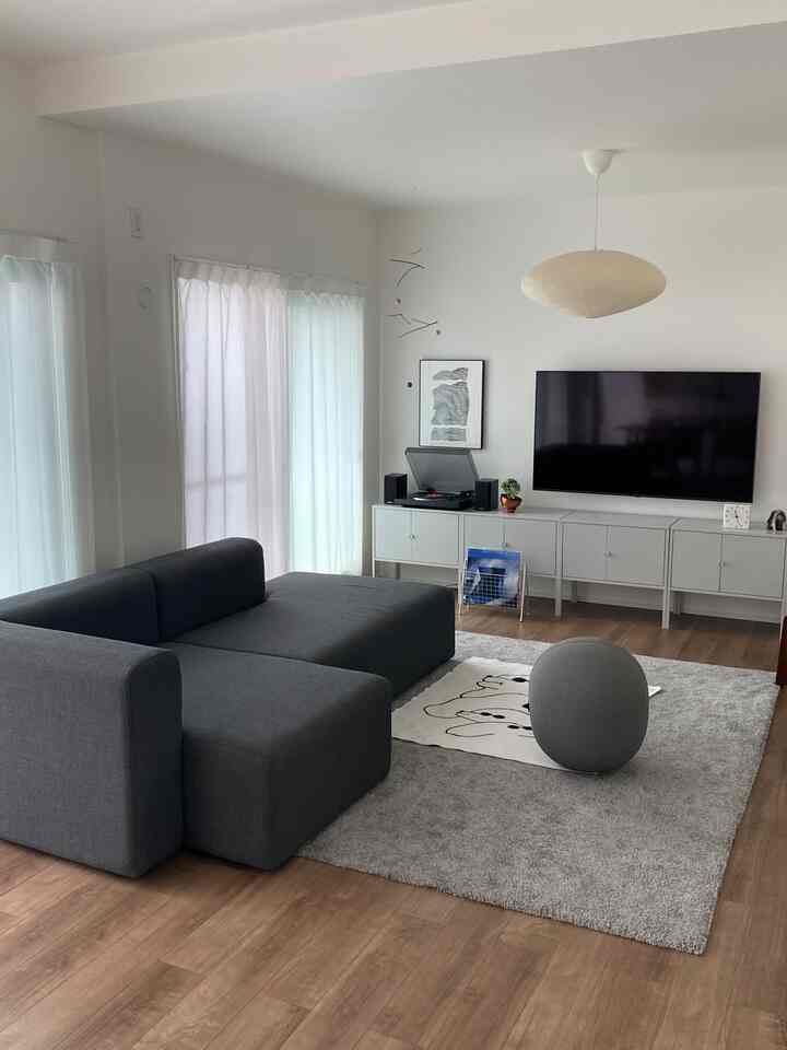 Gray-toned living room featuring a large gray sofa and rug with a white cabinet, presenting a modern and clean atmosphere
