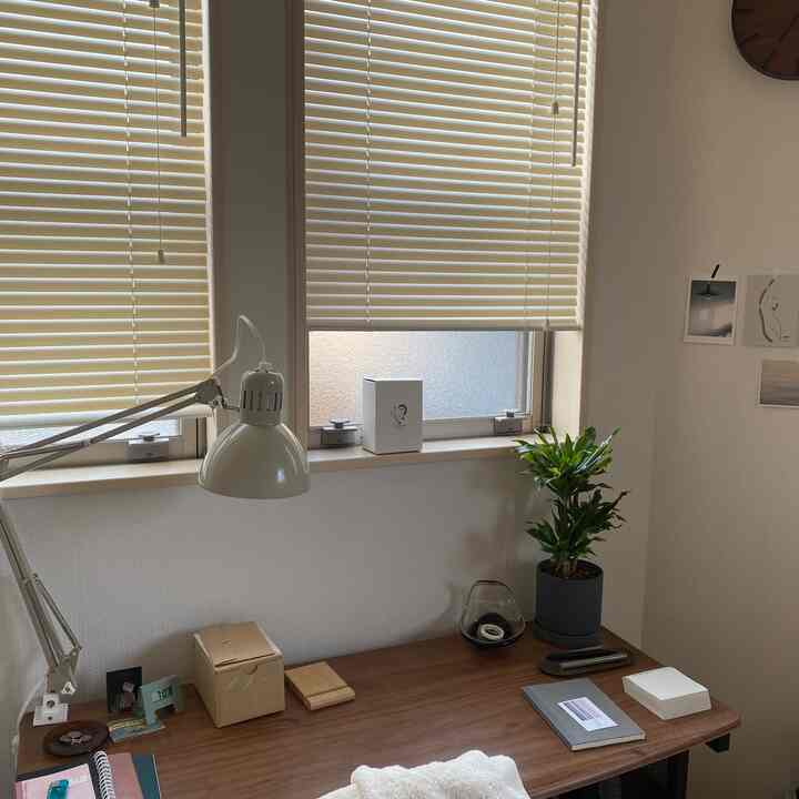 白と木目調のホームオフィス、机の上にランプと観葉植物が配置された整然とした作業空間