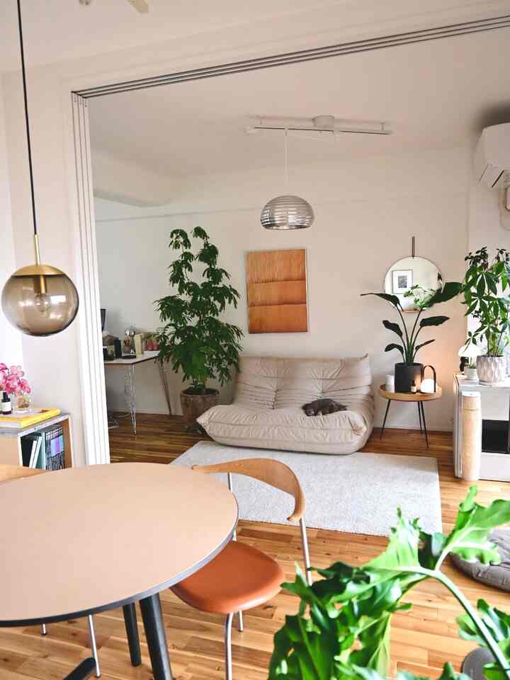 Natural color and wood tone living room featuring beige Togo sofa with a cat resting comfortably in a simple modern space