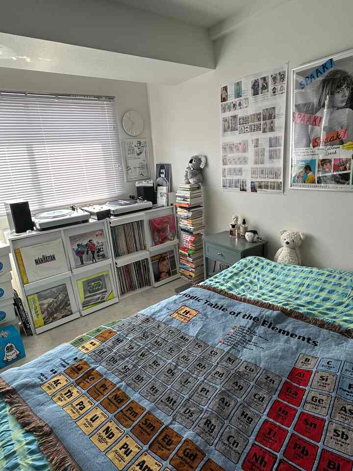 Bright wall and white blinds in a bedroom featuring a bookshelf, stacked books, and a bed with a periodic table duvet cover