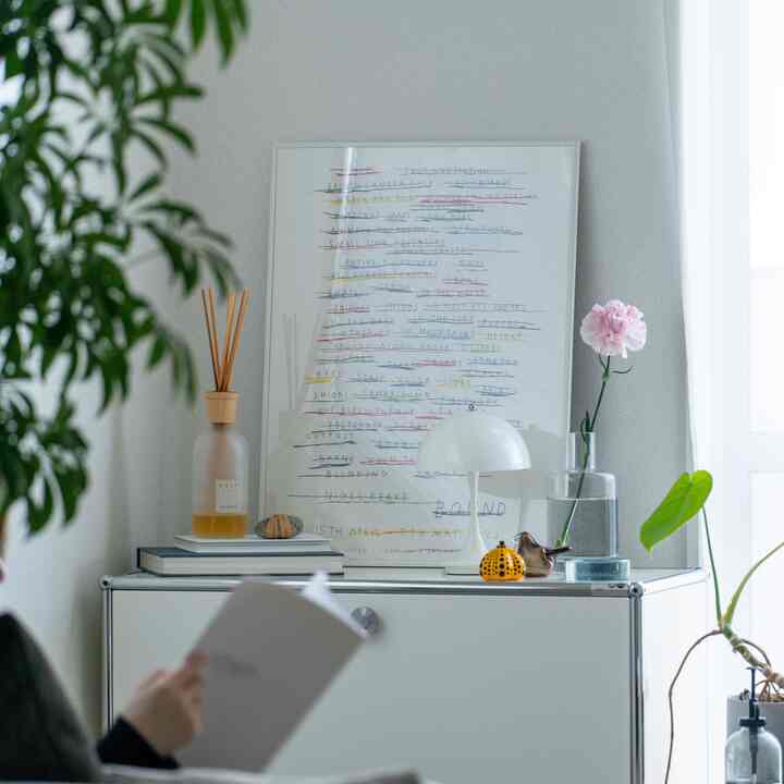 White minimalist living space featuring a sideboard with a table lamp and vase with carnation, accented by natural plants