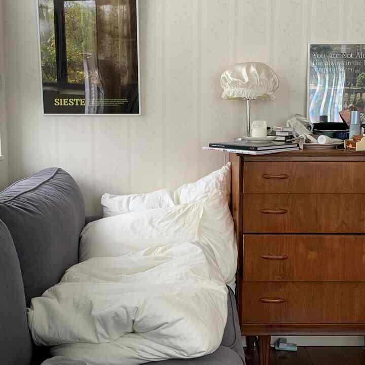 White and gray toned living room featuring a sofa and vintage wooden dresser with a cozy atmosphere