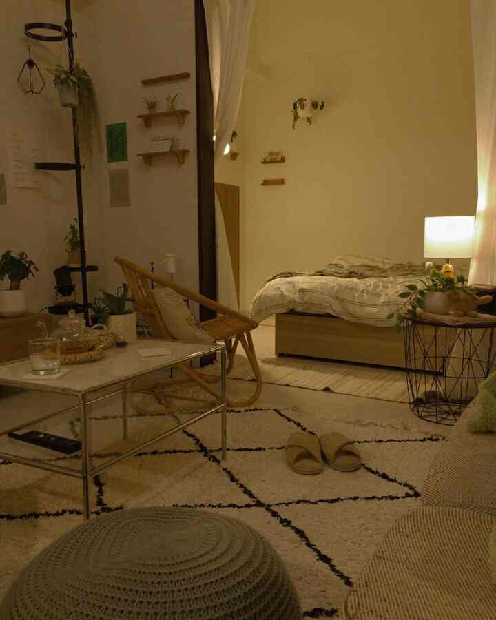 温かみのあるナチュラルカラーの1LDKワンルーム、寝室とリビングが調和した雰囲気のあるインテリア