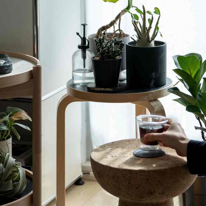 ナチュラルな木目調と植物が調和した小さなホームカフェ空間、透明なキントーのダブルウォールグラスとアルテックのスツールが配置された雰囲気のあるインテリア