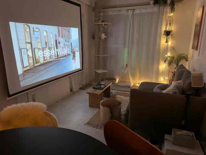 温かみのある照明とナチュラルな色調の一人暮らしリビング、プロジェクタースクリーンとキャットタワーが配置された雰囲気のある空間