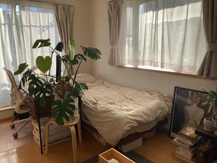 ベージュと木目調が調和したワンルーム寝室、デスクと植物が配置された自然な雰囲気のインテリア