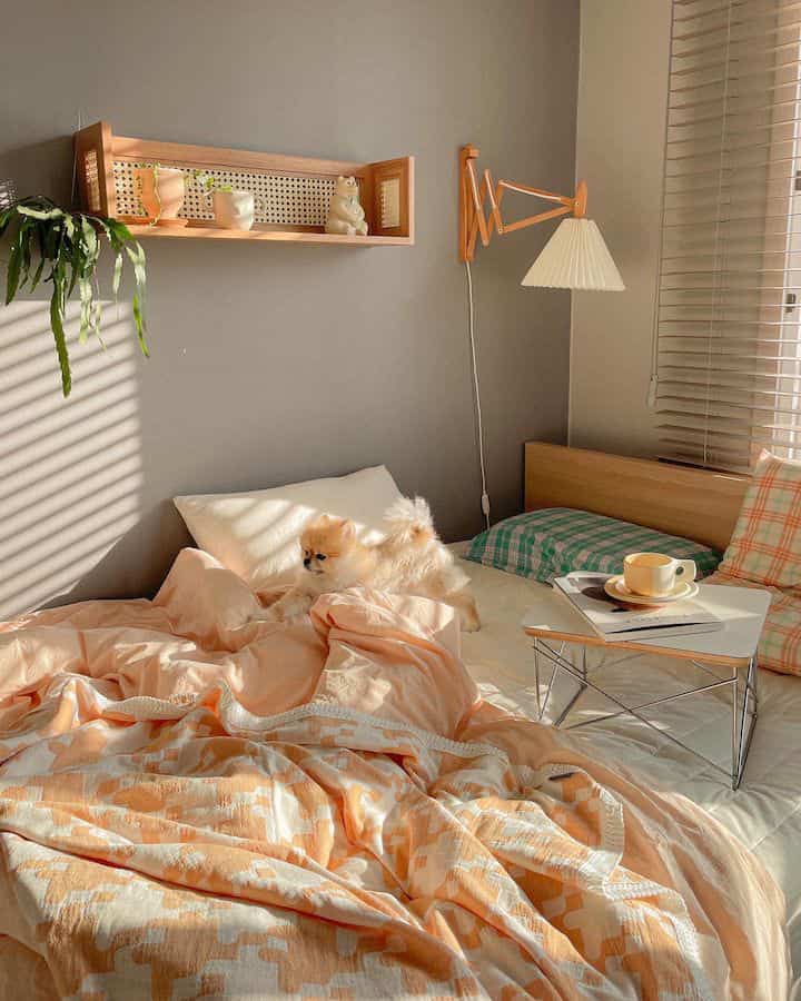 Cozy bedroom in warm beige and wood tones featuring pillows and patterned bedding with a small dog resting on the bed