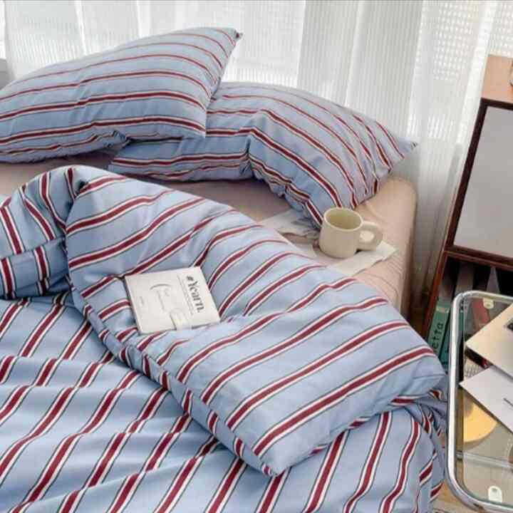 バイカラー ストライプ ベッドカバー 枕カバー 寝具 4点セット［5色］