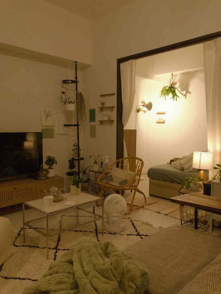 ナチュラルカラーのベージュとブラウン調の1LDKリビングと寝室、自然素材の家具と温かな照明が調和した心地良いインテリア