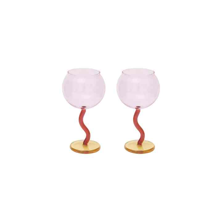Pink Bubble Goblet with Red Stem and Yellow Base 2セット