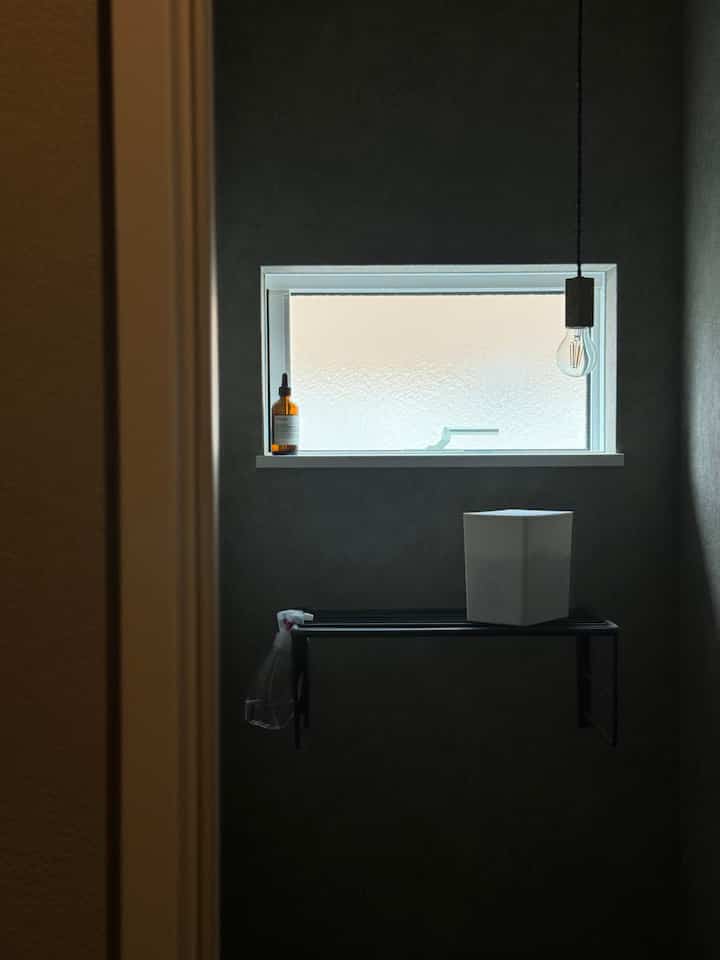 Narrow bathroom space with dark gray walls, a white frosted window, and a hanging pendant light