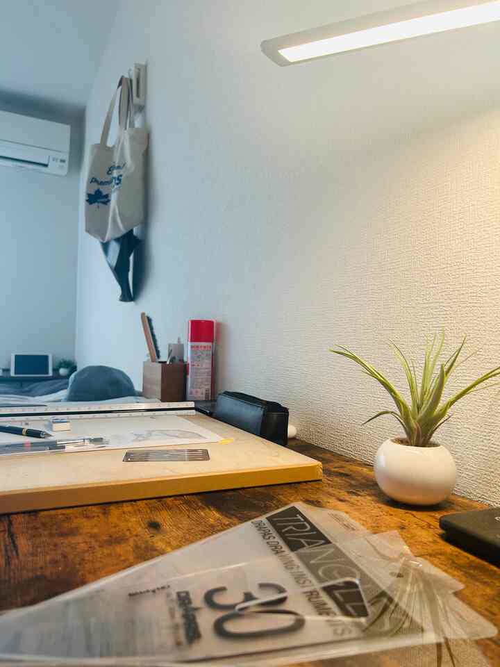 Natural color single household workspace featuring a wooden desk with a plant and drawing accessories in a simple small room