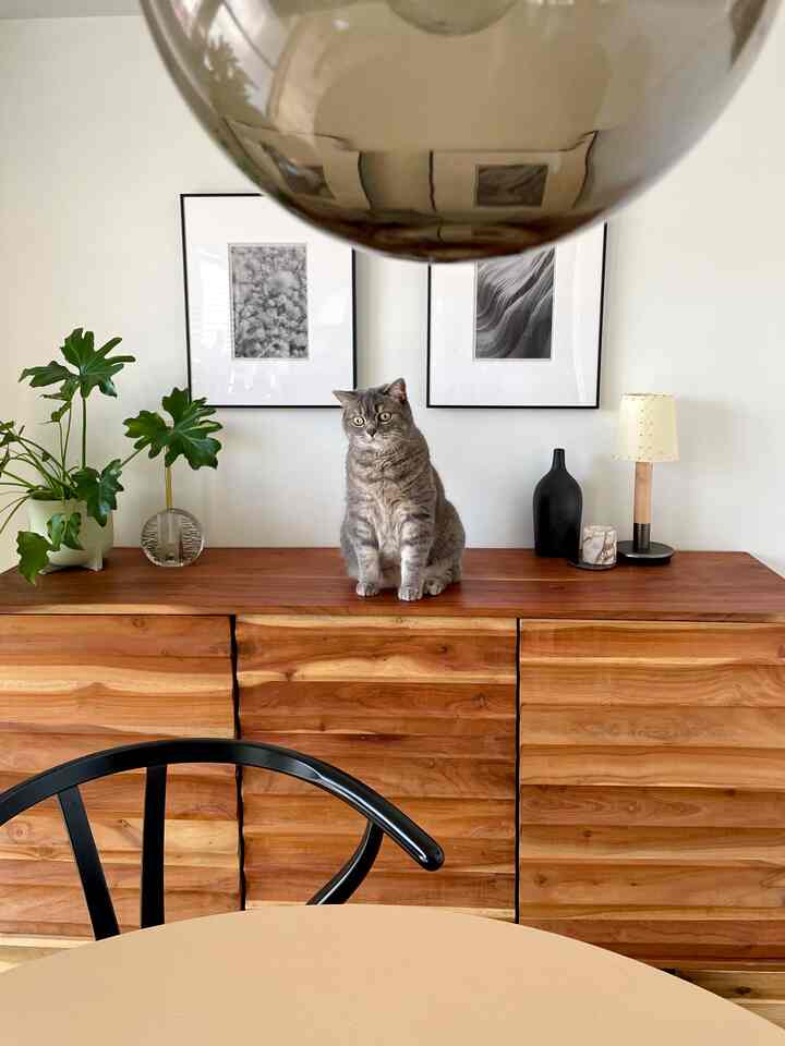 ナチュラルカラーのリビング、木目が美しいサイドボードとその上に座る猫が印象的な雰囲気のあるインテリア