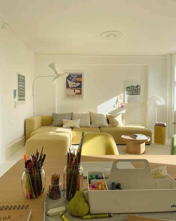 A perfectly fitted yellow sofa for the space. #CustomDesign #YellowAccents #CozyCorner