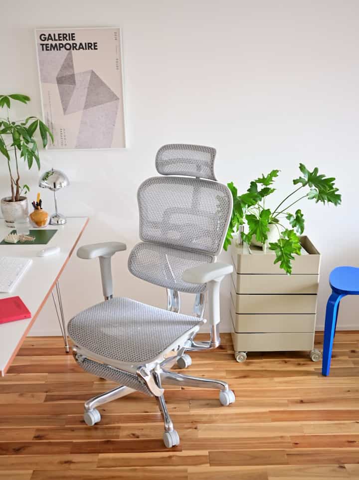 オフィスチェア新調。 #ergohuman を選びました✨
他にもハーマンミラー、オカムラ、イトーキやCOFOchairなどひと通り試座しました。
私の場合はヘッドレスト、座面の奥行調整、柔らかめのロッキング機能が欲しかったので、この選択になりました。
去年フルモデルチェンジしたばっかりのエルゴヒューマンは、前傾チルト機能やフットレストもパワーアップしてて、ほぼ死角なし。強いて言えば座面がメッシュしか選べなくなったことかな。
そのあたりは布やクッションをお尻に敷いたりして使いながら調整していきたいと思います🥰
デスク作業やちょっとした休憩がとっても快適になりました！
カラーも柔らかいグレーで明るい雰囲気と高級感を演出してくれます💻
#エルゴヒューマン #オフィスチェア #リモートワーク #ホームオフィスインテリア #ホームオフィス #在宅勤務 

