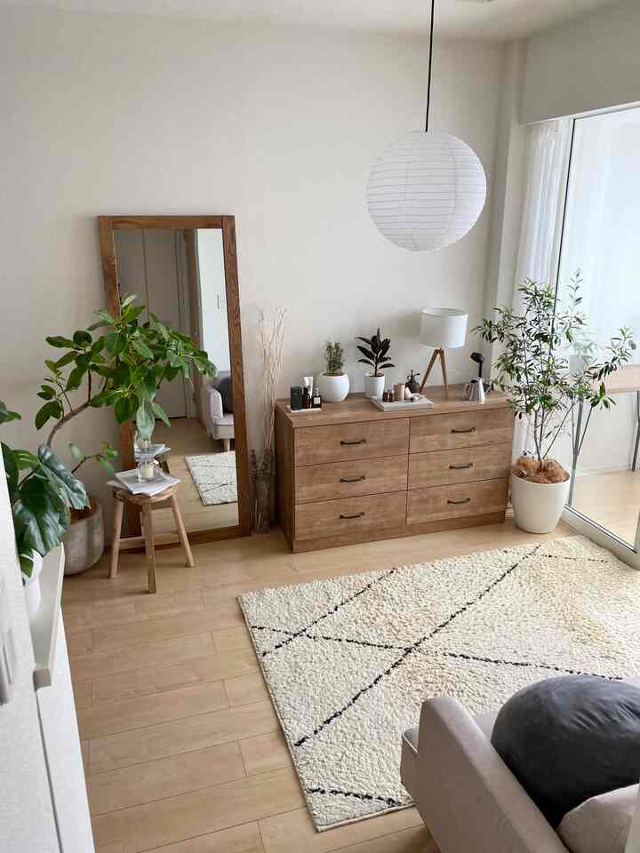 Wood tone natural living room featuring wooden mirror, dresser, and plants creating a tidy and warm atmosphere