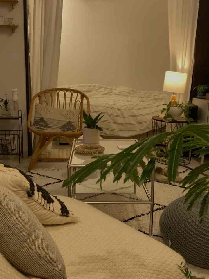 白とナチュラルな木目調の1人暮らし用リビング兼寝室、ミニマルで落ち着いた印象のインテリア