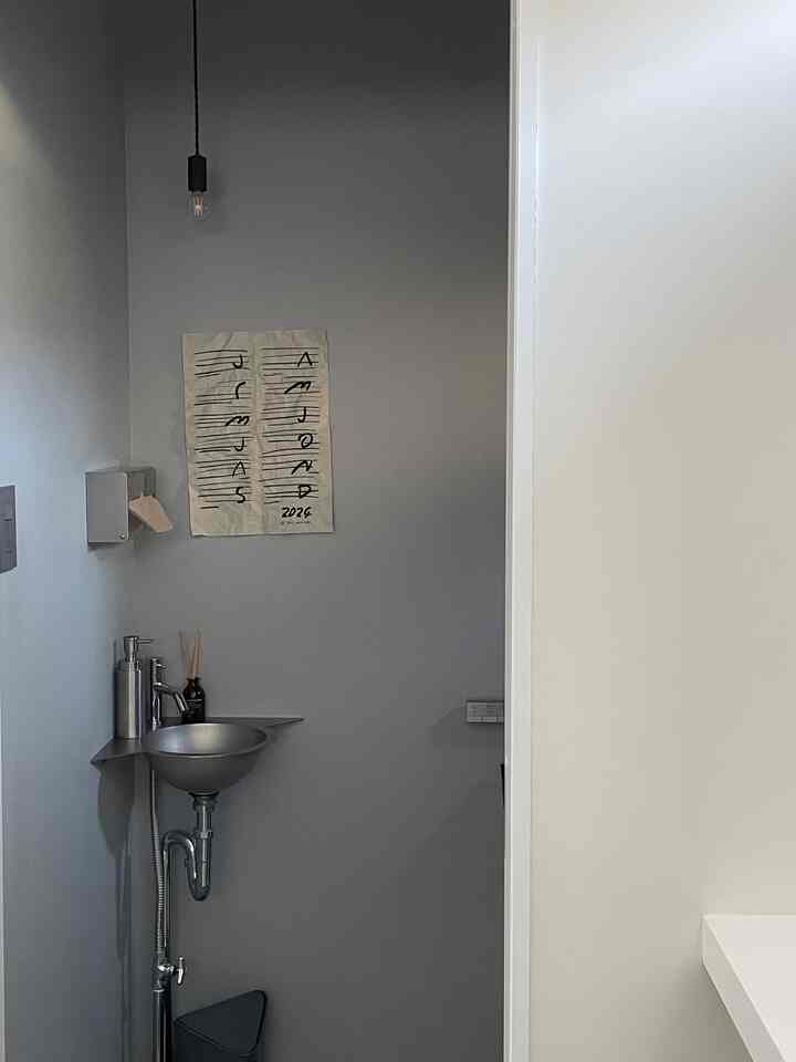 グレーと白のモノトーンの小さなトイレ、コーナーにステンレス製の洗面台と黒いペンダントライトが配置されたミニマルな空間