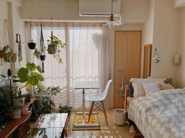 柔らかな白と木目調が調和する1Kのコンパクトな寝室、植物とペンダントライトが配置された雰囲気のあるインテリア