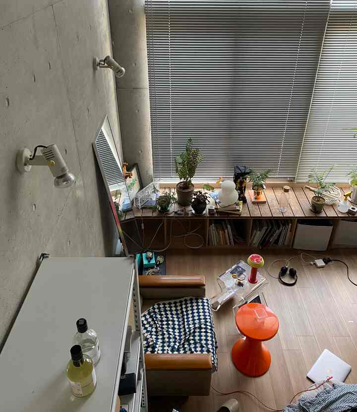 White and brown toned studio living room featuring wooden shelves and plants with a natural modern atmosphere