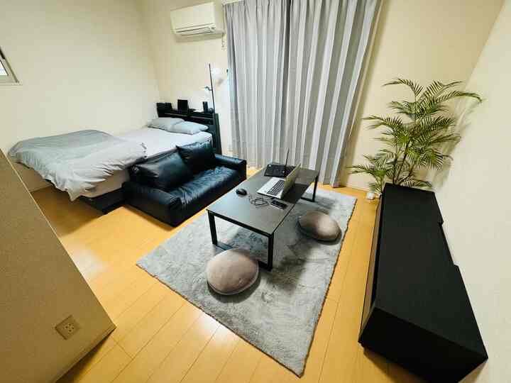 Natural-toned 1K compact living-bedroom with black leather sofa, floor lamp, fake green plant creating a cozy atmosphere